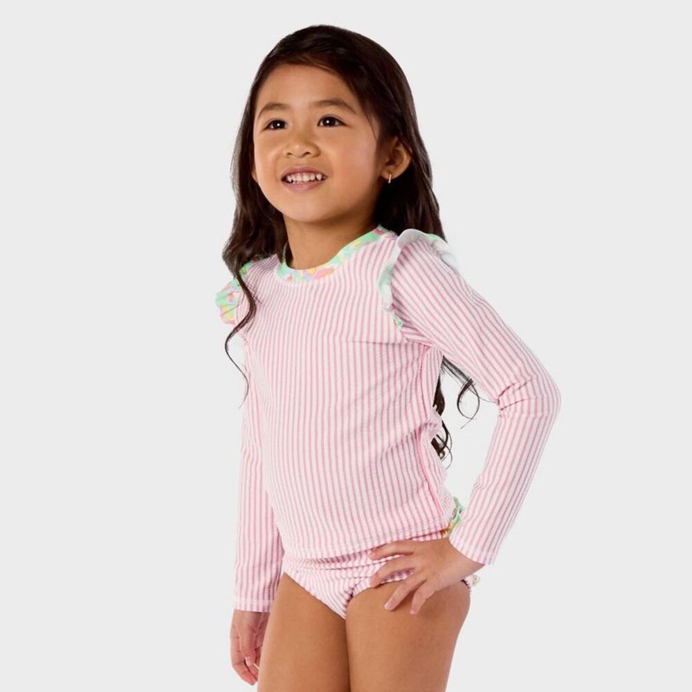 RuffleButts Baby Girls' Seersucker Long Sleeve 2pc Rash Guard Set - Pink 18M